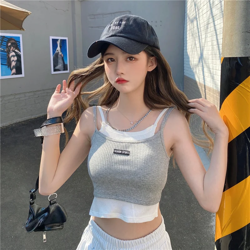 

Summer New Casual Sports Bras Womens Clothing All-match Fake Two External Wear Chest Pad Grey Fashion Camis Tanks Dew Navel Top