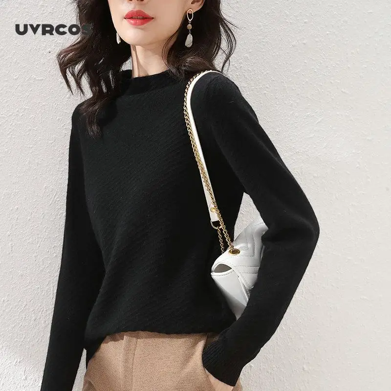 

UVRCOS 2020 Autumn and Winter New 100% Pure Wool Semi-high Round Neck Woolen Sweater, Women's slim Slim Pullover, Warm and Light