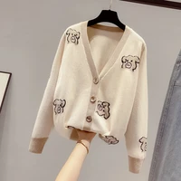 net red knitted cardigan womens autumn new v neck long sleeve pig embroidered sweater loose jacket