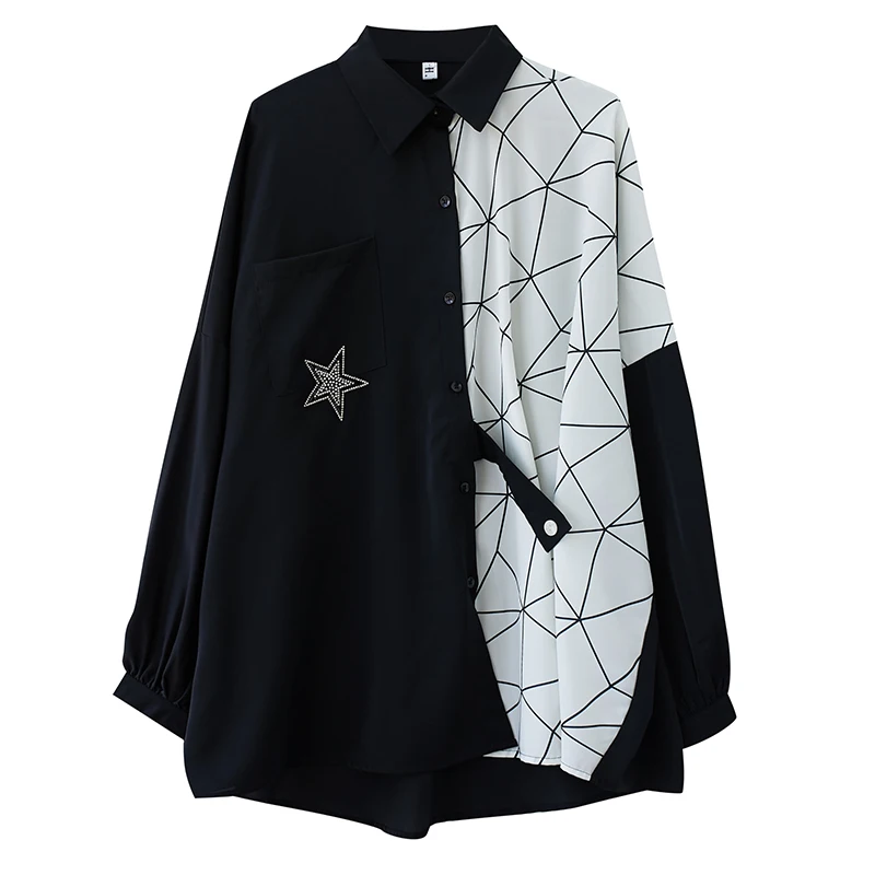 

Geometric Printing Contrast Stitching Shirt 2021 Five-pointed Star Shirt Oversize Ladies Mid-length Irregular Cardigan Fashion