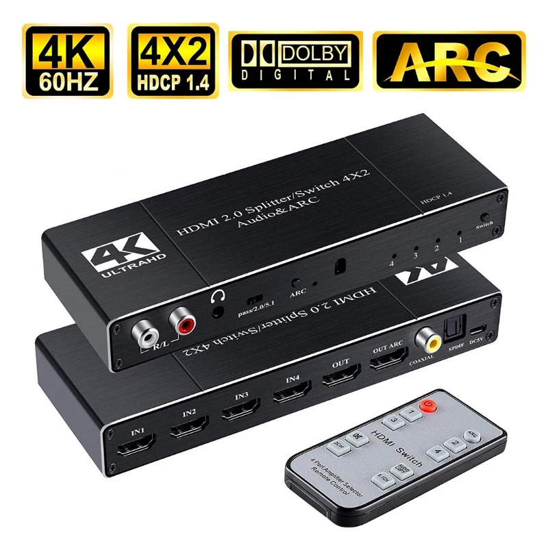 4x2 HDMI 2 0 аудио и дуговой переключатель 4 в выхода сплиттер с 3 5 мм L/R коаксиальный