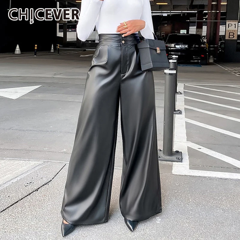 

CHICEVER PU Leather Loose Wide Leg Pants For Women High Waist Casual Black Trousers Female Fashion New Clothing 2021 Autumn
