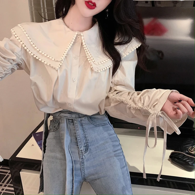 

Sweet Style Spring Autumn Women's Clothing Korean Style Shirts Peter Pan Collar Long Sleeve Blouses Loose Blusas Mujer De Moda