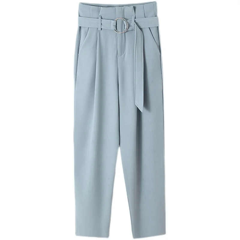 

Summer Women Fashion Elegant Elastic Solid Peg Leg Fly Capri Pant Workwear Trouser Zipper Casual Loose With Belt Harem Pants