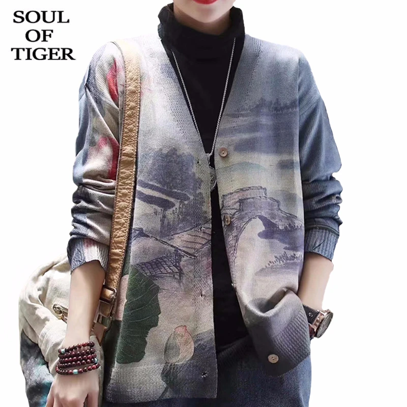 Женский винтажный кардиган SOUL OF TIGER Свободный Повседневный свитер с принтом в