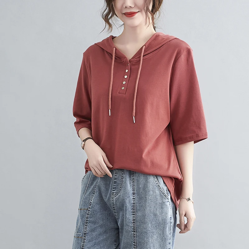 

BIG SIZE Summer Women Fashion Solid Color Hooded Tops Ladies Female Plus Large Sleeve Sleeve Loose Cotton Sweatshirt T shirt