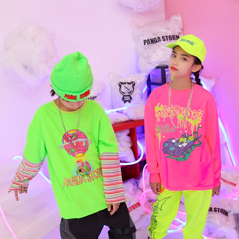

2021 Kids Hiphop Costume Long Sleeve Girls Jazz Clothes Neon Green/Pink T-Shirt Bright Pants Team Stage Show Dance Outfit