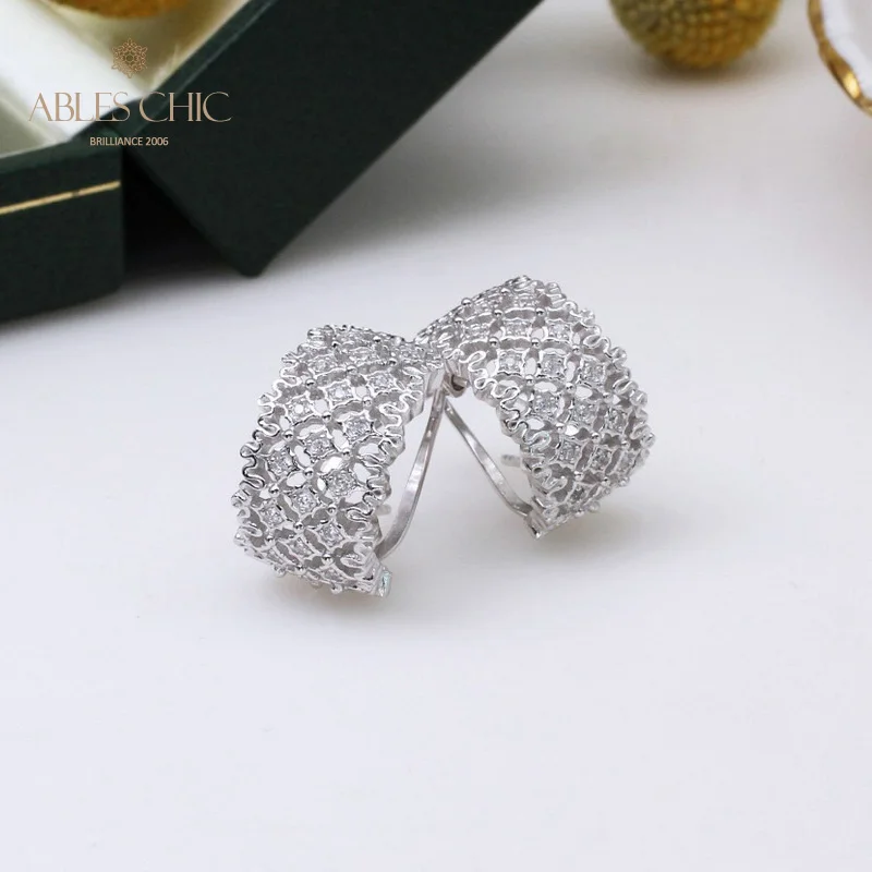 

925 Sterling Silver Airy Light Lace CZ Bling Earrings Renaissance Handmade Clip-on Earring Honeycomb Vintage Studs C11E4S25106