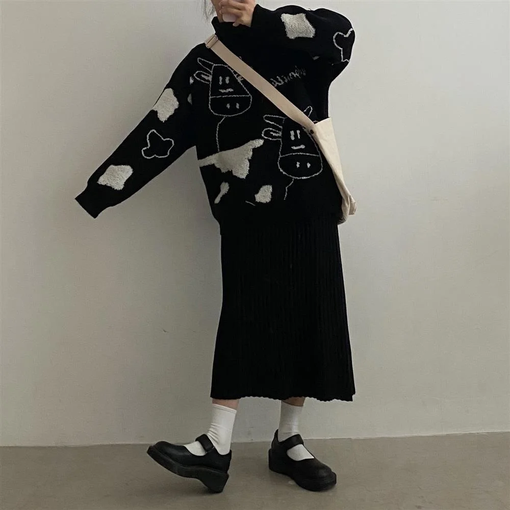 

Cartoon Cow Print Women Sweaters Autumn O Neck Long Sleeve Soft Loose Pullover Winter Warm Korean Harajuku Knitted Jumper Female