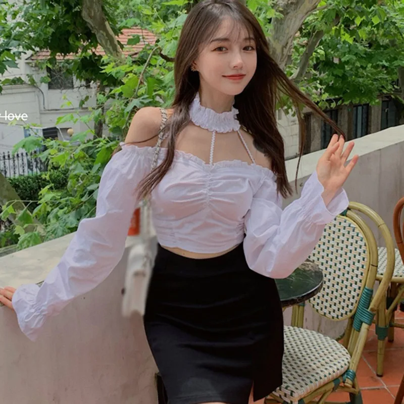 

Puff Sleeve Women Crop Tops Halter Neck Shirt Lady Slim Sexy Exposed Navel Long-sleeved Blouse