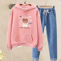2021 spring and autumn new hooded plus cashmere sweater suit korean style trendy plus size jeans two piece suit