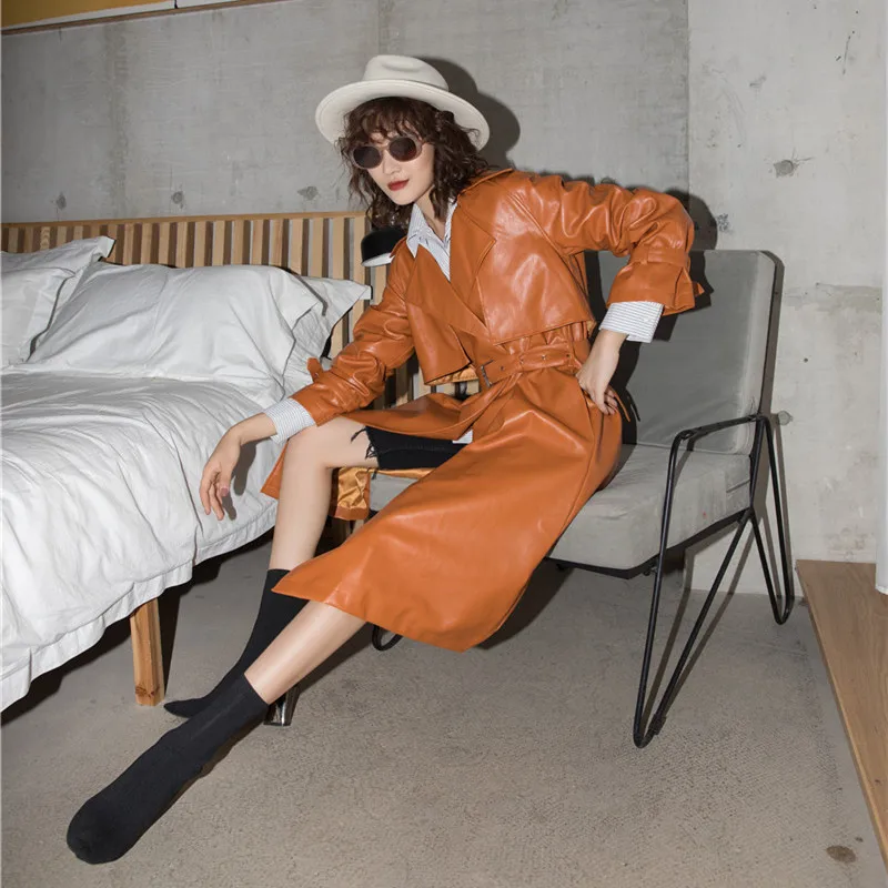

Fitaylor 2021 Spring Autumn Women New Elegant Long Leather Jacket Trench with Belt Turn-down Collar Long Sleeve Pu Jacket