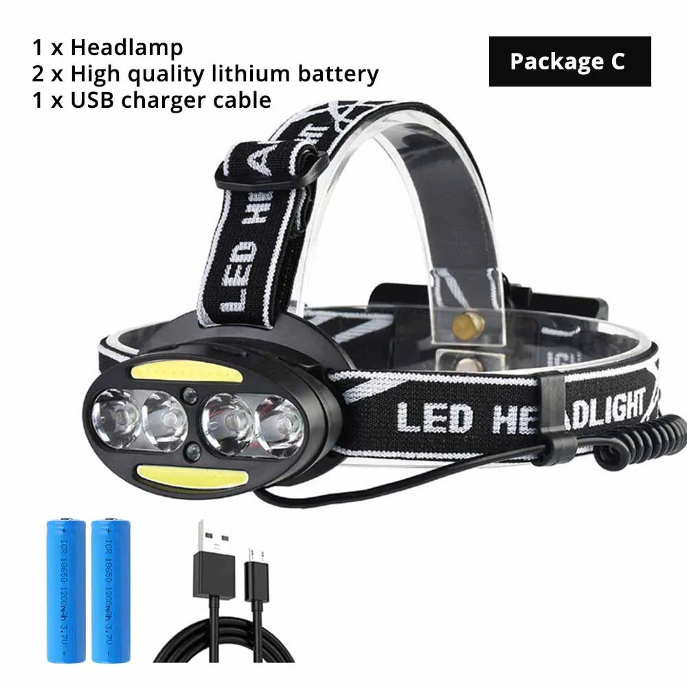 Package C Супер яркий светодиодный налобный фонарь 4 x T6+ 2 x COB+ 2 x Красный светодиодный водонепроницаемый светодиодный налобный фонарь 7 режимов освещения с зарядным устройством - Испускаемый цвет: Package C