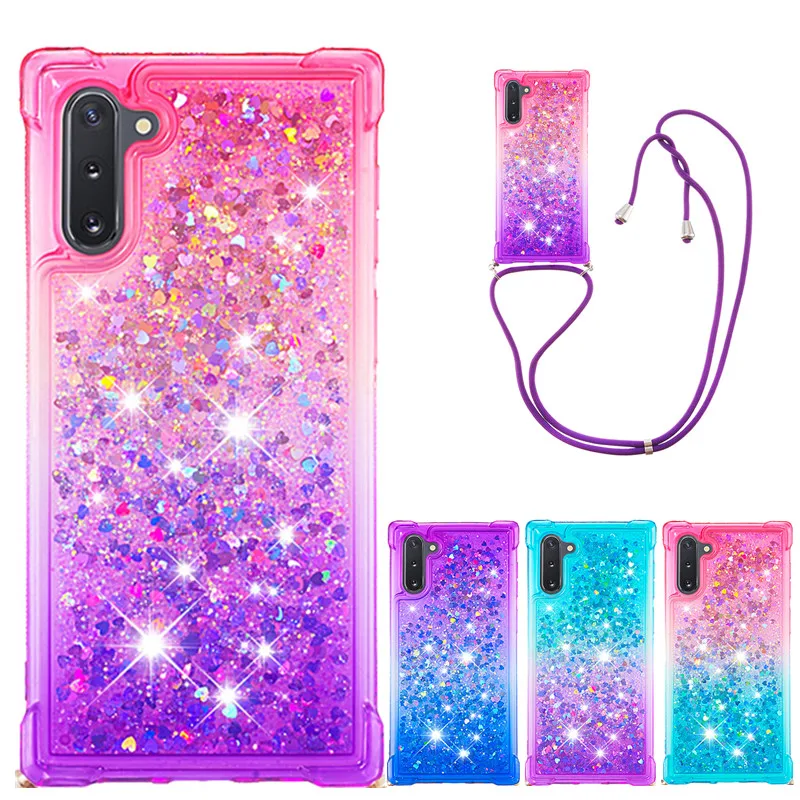 

Strap Lanyard Quicksand Phone Case For Samsung Galaxy Note 10 5G Note10 Pro Plus Soft TPU Glitter Liquid Back Cover Capa Funda