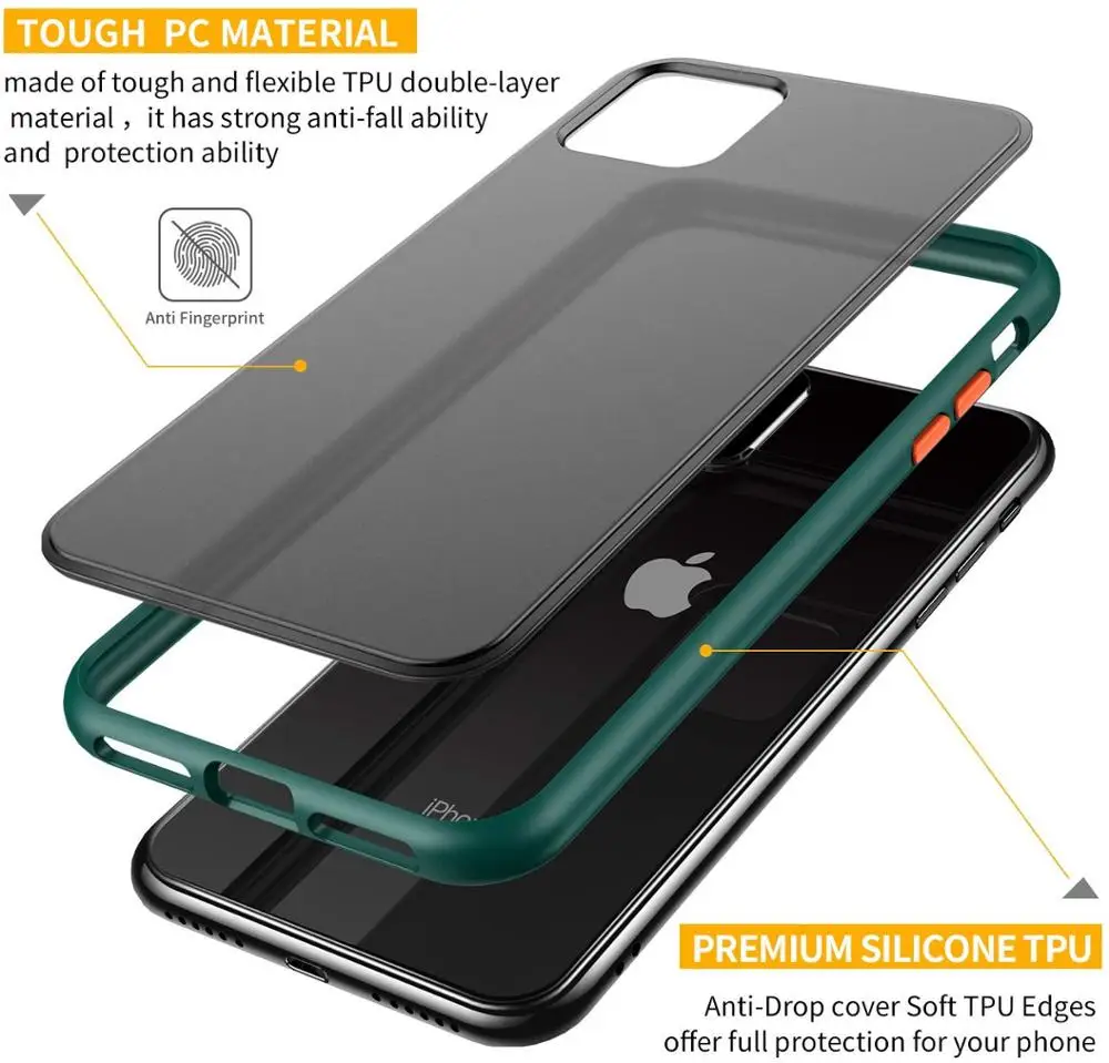 Translucent Matte Hard PC Back Cover and Soft TPU Edges Protective Case for iPhone 11 Pro Max X XS 8 7 6 s PlusPro |