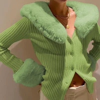 women solid ribbed knitted sweaters with fur trim collar v neck knitwear long sleeve cardigan green slim jumpers party tops fall
