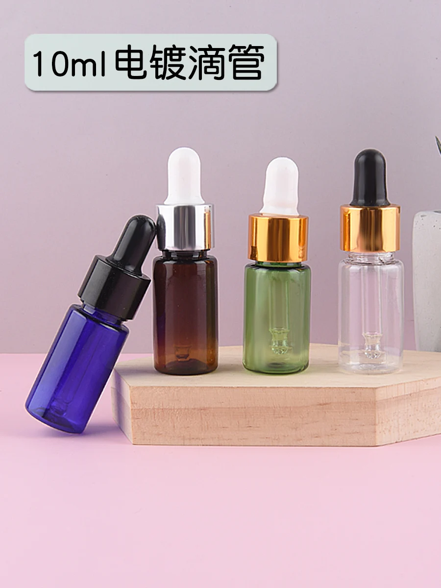 

10pcs 10 Ml Dropper Plastic Oil Bottle Gold Silver Cap Perfume Bottling Cosmetics Packaging Empty Small Jars Storage Hot Sale