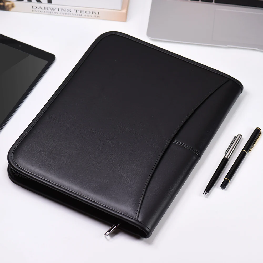 

High quality Professional Business Portfolio Padfolio Folder Document Case A4 PU Leather Zippered Closure with Card Holder