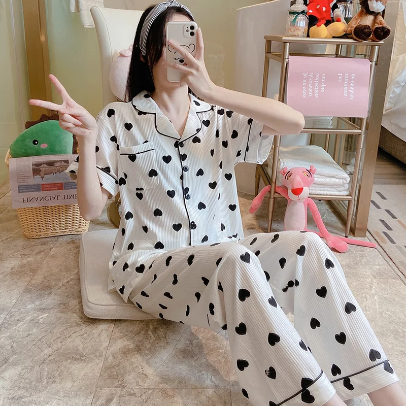 

Cotton Lovely Pajamas nv chun Summer Korean-style Loose Short Sleeve Trousers Suit Cardigan Autumn and Winter Homewear May