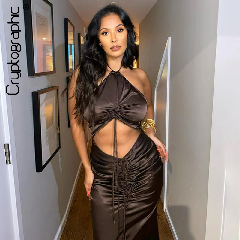 

Cryptographic Drawstring Ruched Halter Women's Maxi Dresses Hollow Out Club Party Fashion Elegant Sexy Backless Draped Dress