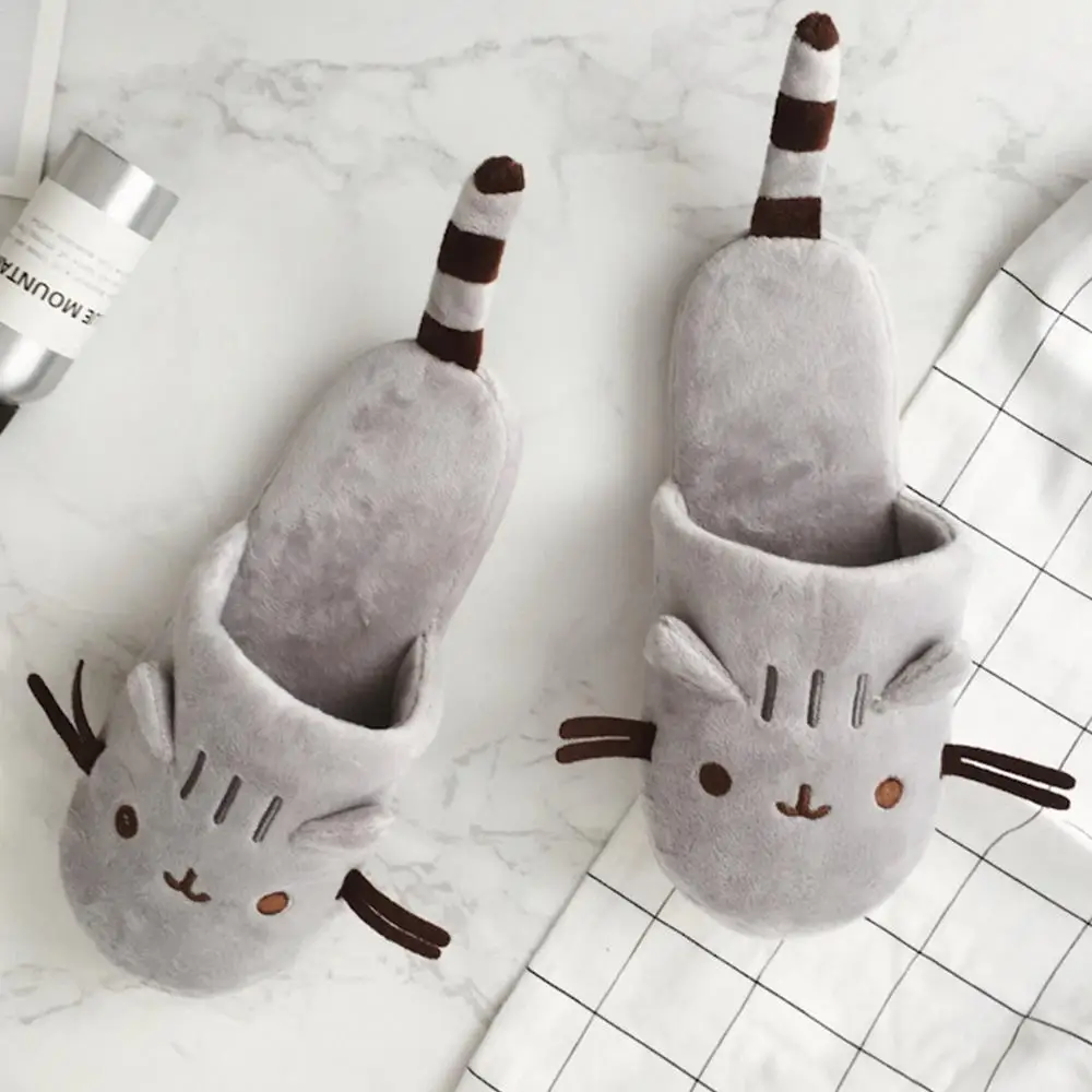 

Cute Cozy Women Shoes Home Indoor Warm Cat Street Cat Cartoon Plush Travel Airplane Sleep Cat Animal Slippers Flat Slippers