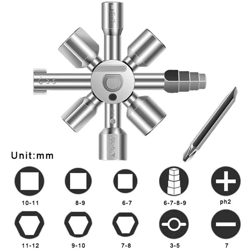 

10 In 1 Multi Function Key Wrench Alloy Steel Water Meter Valve Combination Wrench Portable Plumber Tool