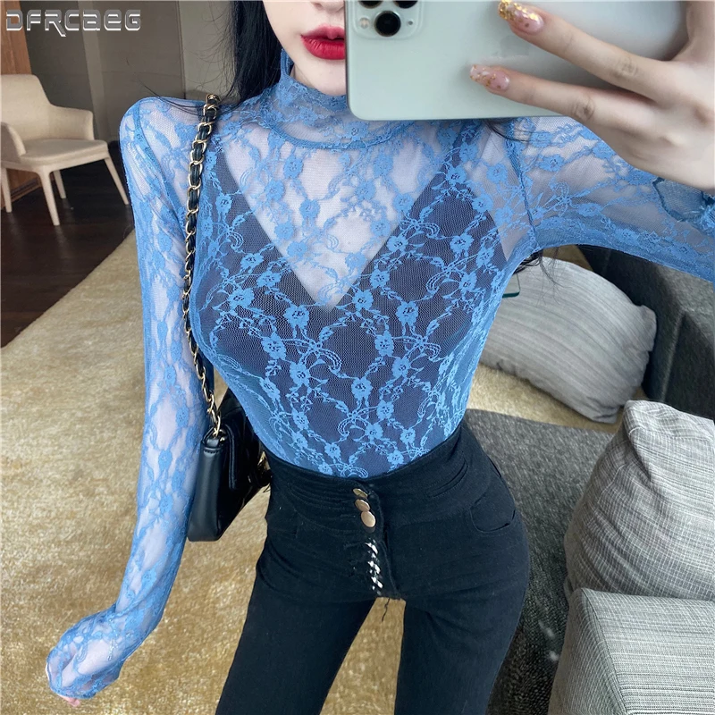 

Hollow Out Blue Black Or White See-through Lace Blouse Women 2020 Latest Style Elegant Wild Womens Blouses And Shirts Hot Sale