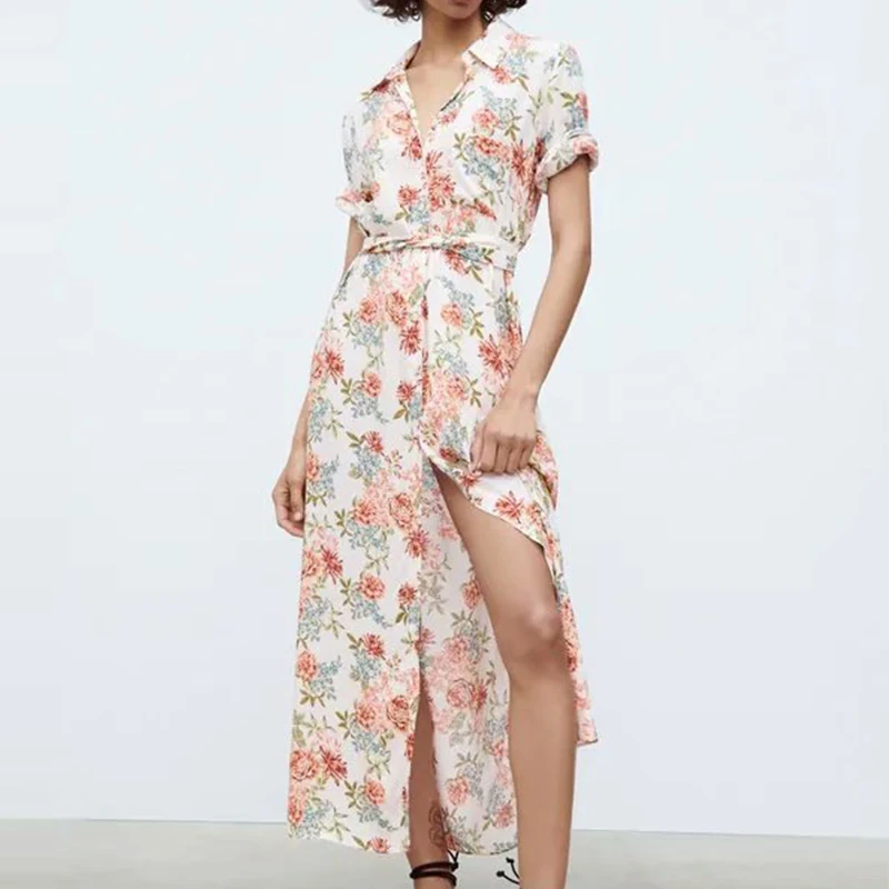 

Za Summer Women Vintage Flower Print Shirt Dress Female Short Sleeve Midi Dress With Belt Office Lady Elegant A-Line Dress