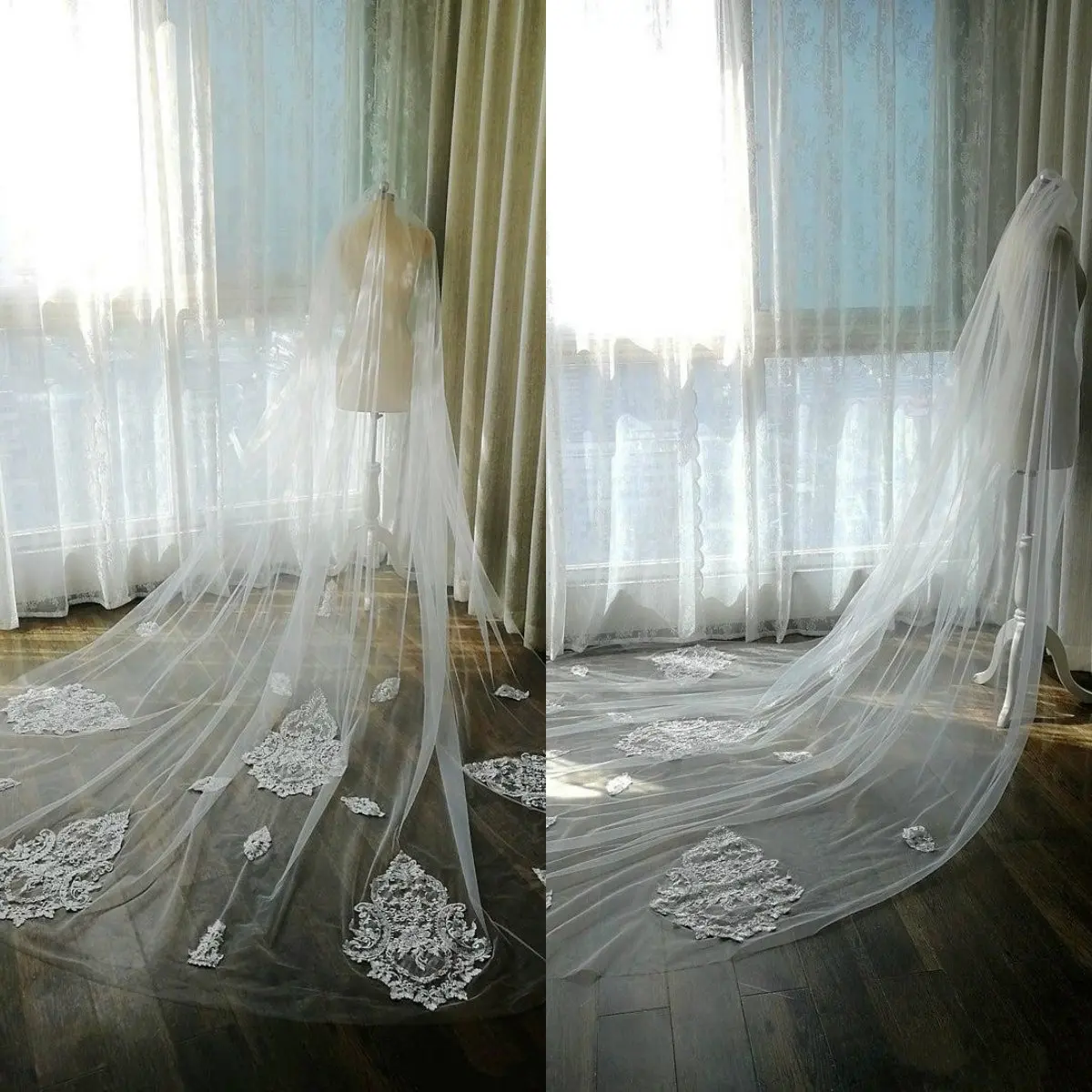 

2020 New Cheap Bridal Veils White Ivory Cathedral Length Lace Crystal Appliqued One Layer Bridal Wedding Veil with Combs