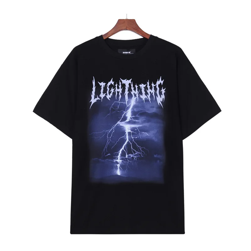 

American Retro Lightning Letter Printed Short-sleeved T-shirt Male Ins High Street Tide Brand Hip-hop Hiphop Half-sleeved Top Cl
