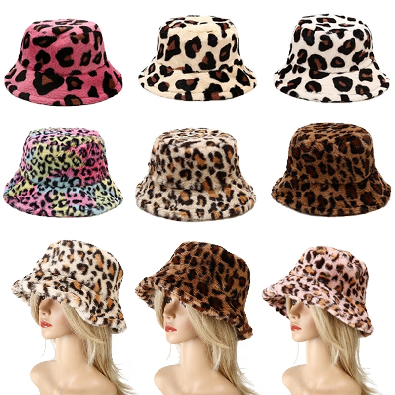 

Winter Cow Leopard Print Faux Fur Plush Bucket Hats For Women Outdoor Warm Sun Hat Soft Velvet Fisherman Cap Lady Fashion Panama