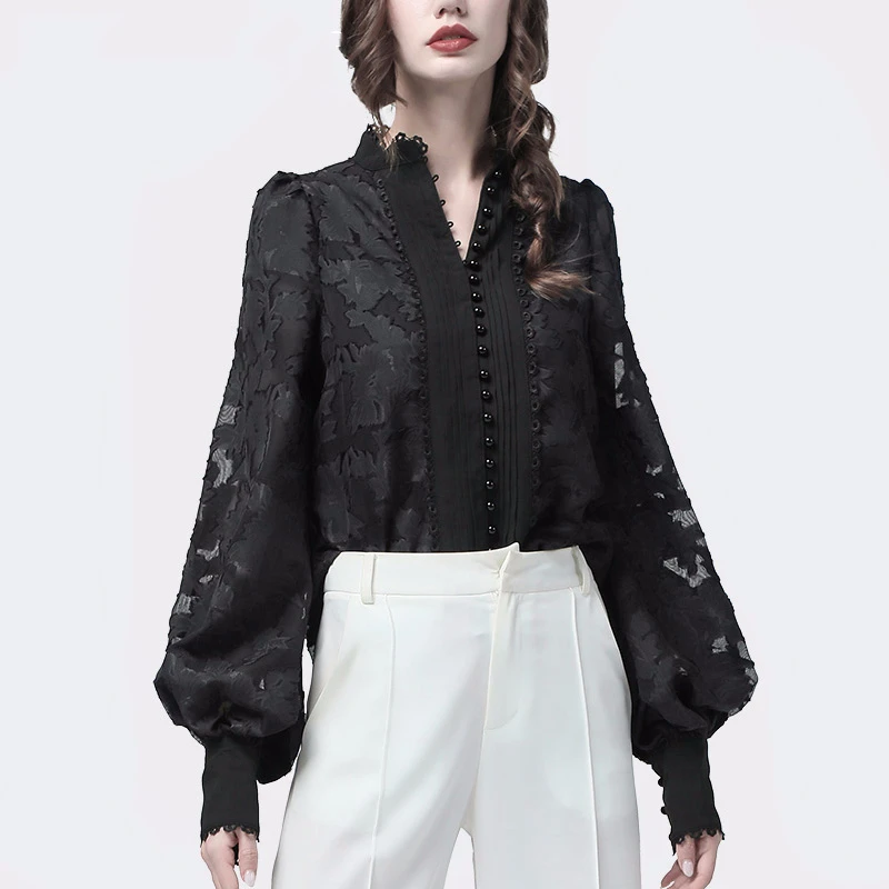 Stand Collar Women's Shirts Patchwork Lace Lantern Long Sleeves Korean Shirt Blouse Female Autumn Fashion New