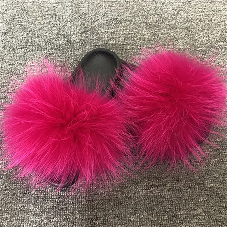 Женские тапочки с натуральным мехом енота повседневные шлепанцы лисьим на