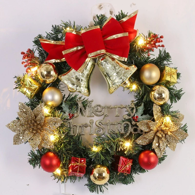 

Merry Christmas Decorations For Home LED Glowing Garland Ornaments New Year Artificial Green Leaves Door Decor Hanging Wreath