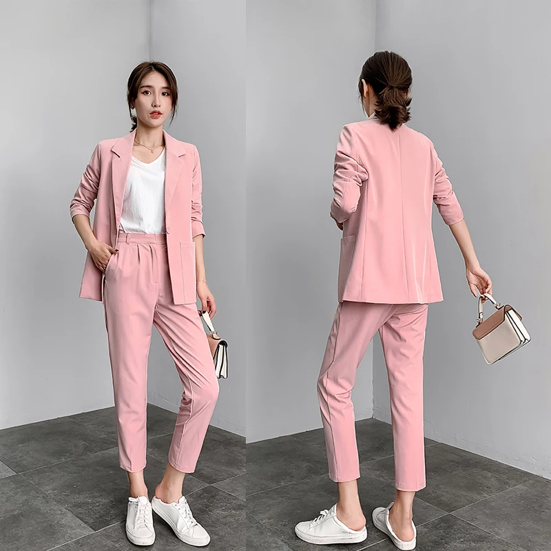 Женский костюм из двух предметов розовый с брюками Женская мода на весну и осень