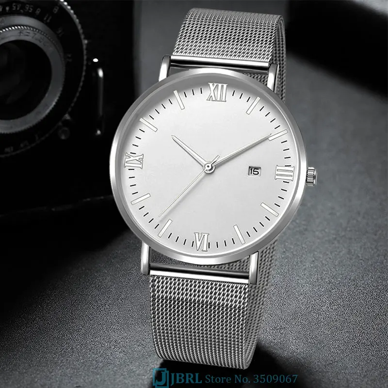 silver white Черные наручные часы Мужские часы Бизнес платье Стиль наручные часы из нержавеющей стали Мужские кварцевые часы для мужчин часы с календарем - Цвет: silver white