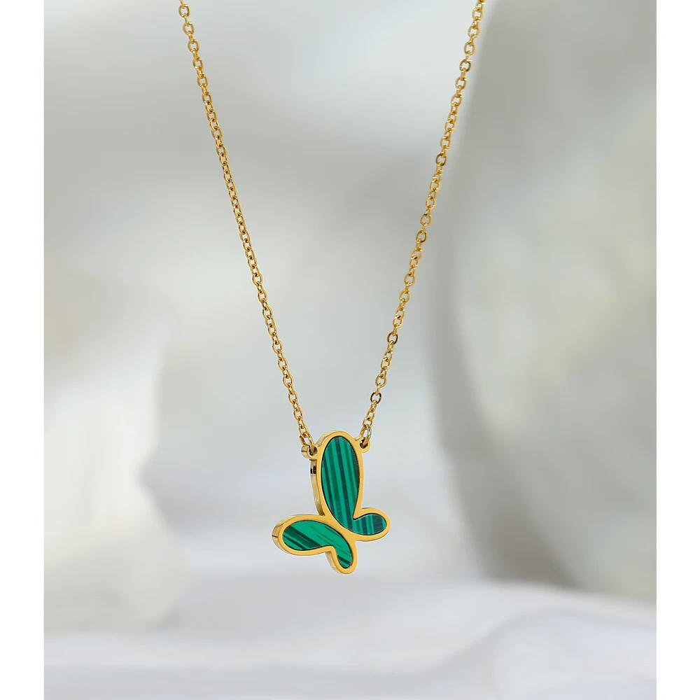 YHpup Green Butterfly Stainless Steel Pendant Necklace Gold Fashion 316 for Women Malachite Stone Charm Collar Jewelry | Украшения и