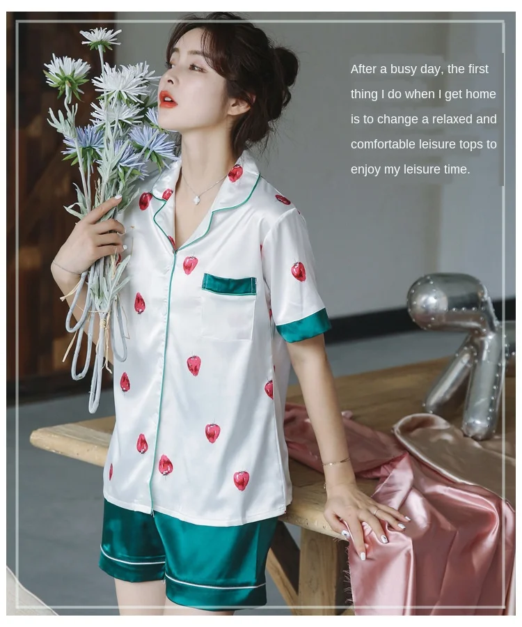 

2020 Women's Pajamas Short-Sleeved Shorts Color Collar Cardigan Printed Strawberry Silk and Leisure Wear Lingerie
