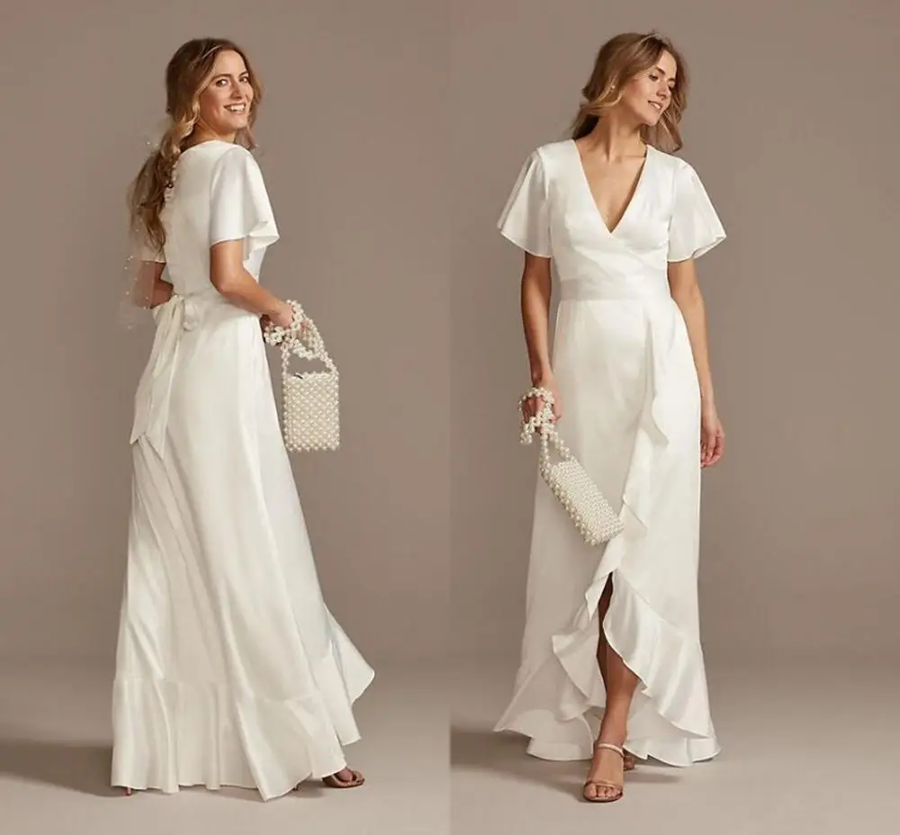 

Simple Design Bohemian Wedding Dresses with Flutter Sleeve 2021 V-neck Stretch Satin Dress with Ruffle Hem Country Bride Gown