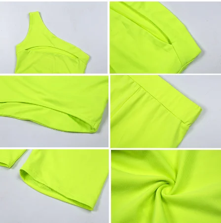 

2020 New Neon Color Women Two Piece Set One Shoulder Casual Tracksuits Cut Out Crop Top And Biker Shorts Sets Sporty Active Wear