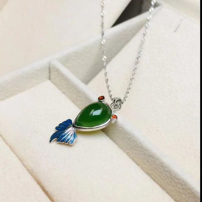 

Natural Hetian Jasper Jade 925 Silver Inlaid Fish Shape Water Drop Pendant Necklace
