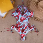 Женский слитный купальник-бикини, красный синий купальник с завязками-лентами, боковой купальный костюм, XL, на лето