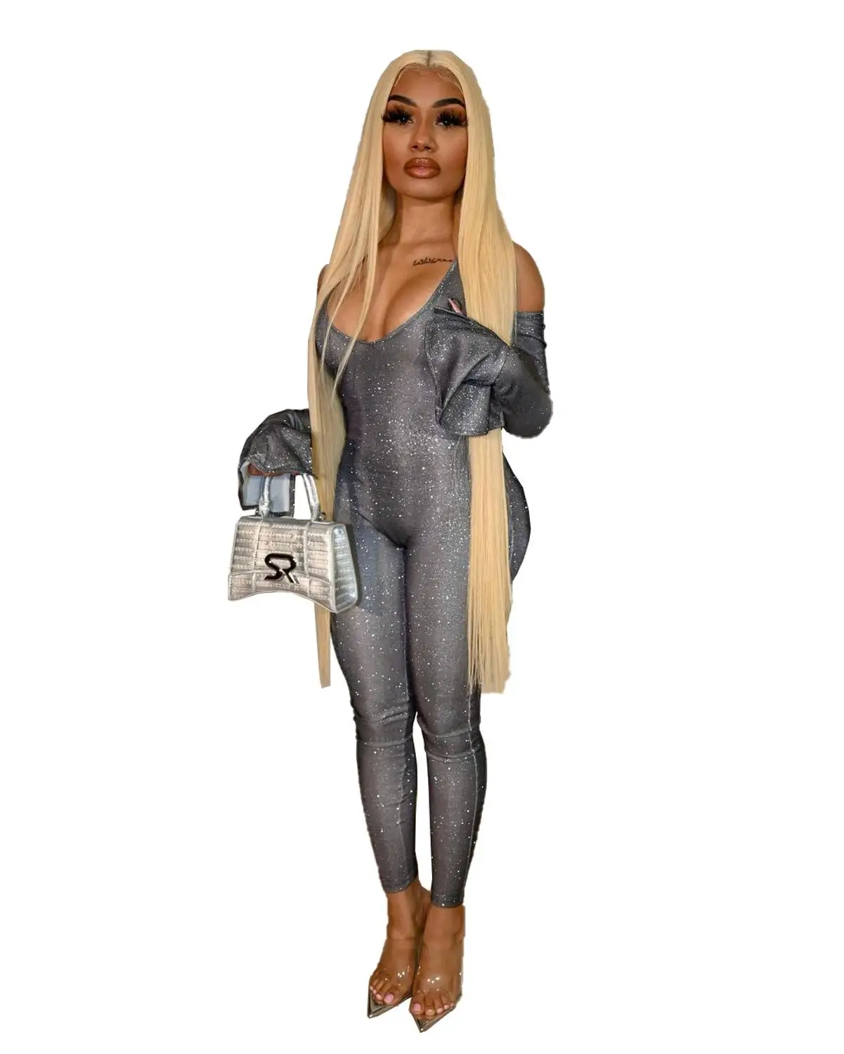 

Сексуальный женский Блестящий Комбинезон, боди с длинным Расклешенным рукавом, облегающая уличная одежда, одежда Вечерние ринки, ночного к...