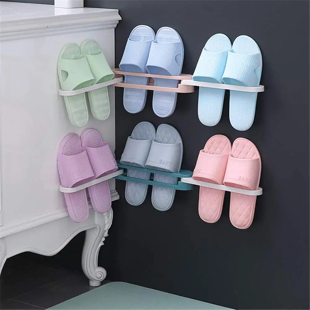 Bathroom Slippers Rack Wall Mounted Shoe Organizer Rack Folding Shoe Hanger Self Adhesive Storage Holder for Bedroom Shower Room
