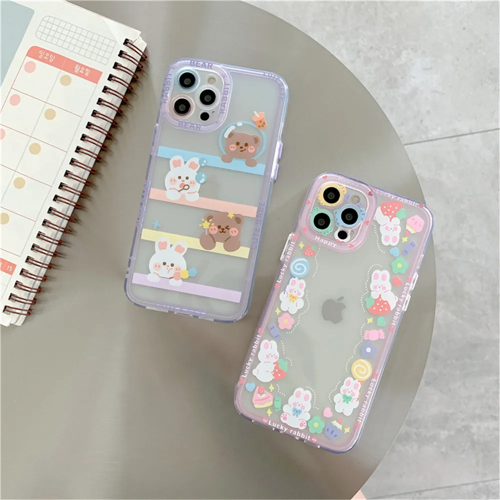 

Cartoon Cute Rabbit Bear Phone Case For iPhone 12 11 PRO MAX XS X XR 7 8 PLUS Silicone Soft Clear Couple Cover Protective Shell