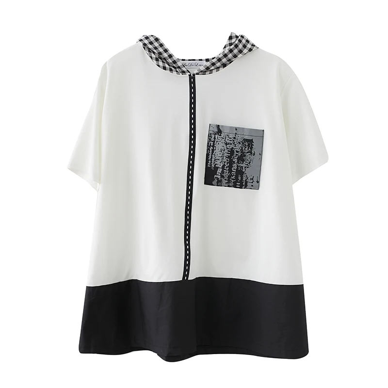 

Masss Wasss 2021 Summer Fashion Women Plaid Hooded White Tees Ladies Patchwork Loose T-shirts Girls Casual Cotton Tops Plus Size