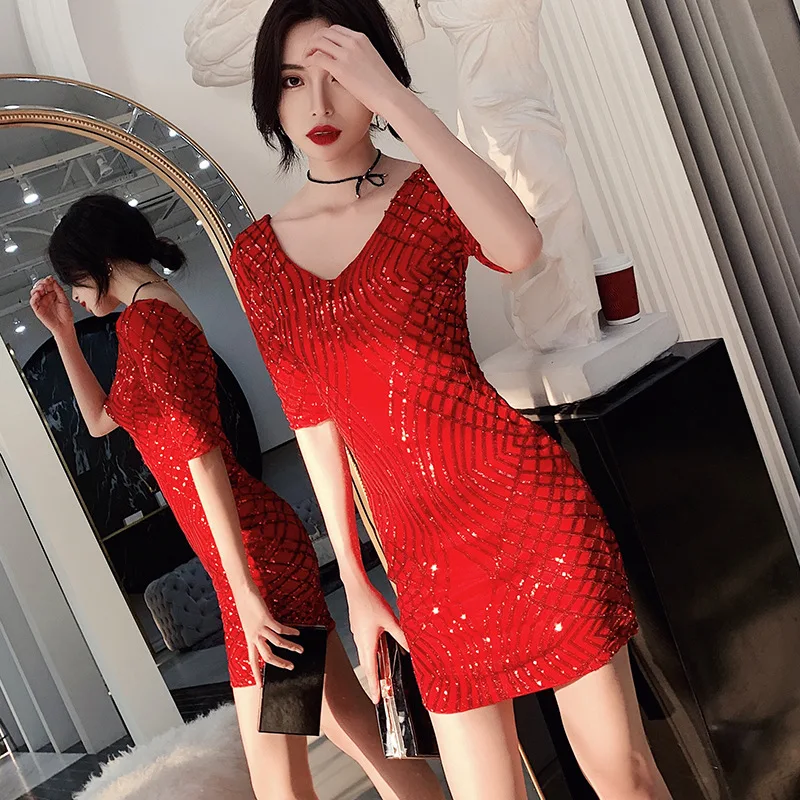 Красный HS Kellio пикантное платье цвета коктейль Vneck темно-синий Мини Короткие рождественские вечерние платья блестящее кружево - Цвет: Красный