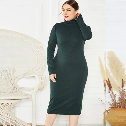 Зеленый BHflutter 4XL 5XL 6XL Plus Size Winter Dress Women Long Sleeve Turtleneck Knitted Dress Ladies Sexy Bodycon Vintage Dresses - Цвет: Зеленый