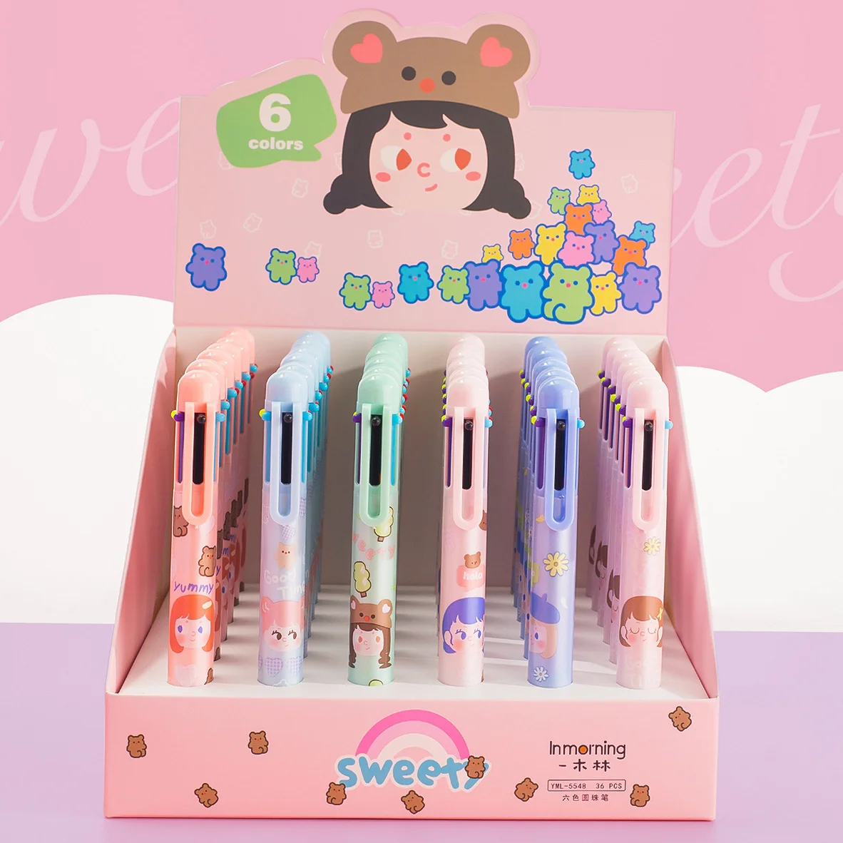 

Lovely Color Push Ball Pen Student Kawaii Stationery Cartoon Multicolor 6-color Ballpoint Pen Office School Supplies wholesale
