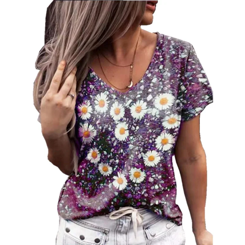 

Heart Shaped Print V-neck Short Sleeve T-shirt Summer Trending Clothes for Women Floral Red T Shirt Women Casual Plus Size Loose